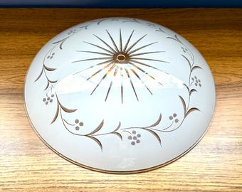 Mid Century Round Glass Light Cover with Starburst Center, Vines and Flowers, 12.5 Inch, Retro White Ceiling Fixture Shade