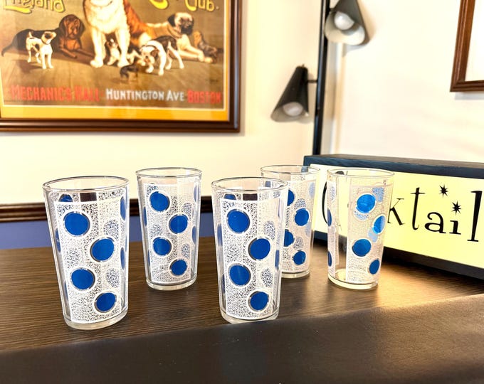 Featured listing image: Mid-Century Modern Blue Polka Dot With White Filigree Tumblers