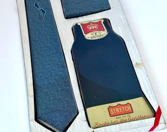 Dark Bluish Green New Old Stock 1940s Tie Pocket Square And Socks Men's Gift Set-Yankee Department Stores