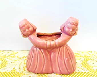 Vintage Ceramic Dutch Girls Planter, Mid Century Pink Twin Girls Planter, 1950's USA Pottery Pink Planter