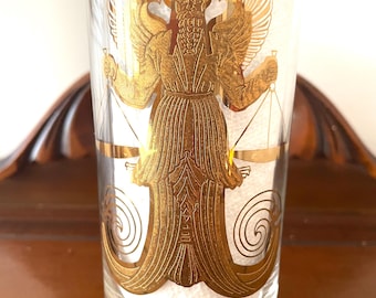 Vintage Anchor Hocking Signs Of The Zodiac Highball Glass, 1960s Libra Highball Glass, 22 Karat Gold Libra Zodiac Cocktail Glass