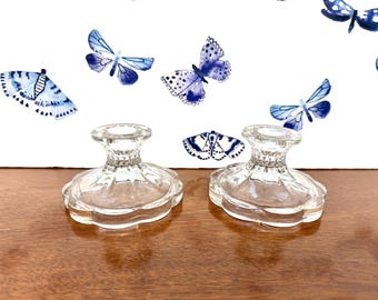 Pair Zajecar Candleholders, Vintage Scalloped Candlesticks | Crystal Glass | 4.5 Width, 2.5 Height, Made In Yugoslavia