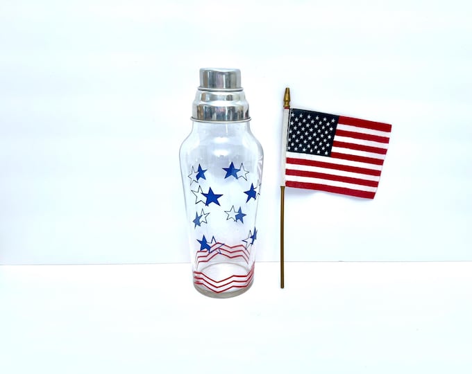 Featured listing image: Cocktail Shaker, Prohibition-Era Stars & Stripes Barware - Glass Body, Aluminum Strainer | 11In Tall, 3.75In Wide
