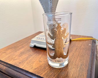Vintage 1960s Anchor Hocking Libra Highball Glass: 22 Karat Gold Zodiac Cocktail Glass