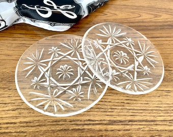 2 Anchor Hocking Prescut Clear Coasters, Pressed Glass Star Of David Coasters, Anchor Hocking Large Coasters, Prescut Clear Trinket Dishes