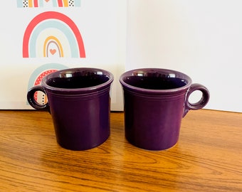 Pair Plum Fiesta Mugs, 2 Purple Homer Laughlin Fiesta Coffee Cups, Two Plum Ring Handle Fiesta Coffee Mugs