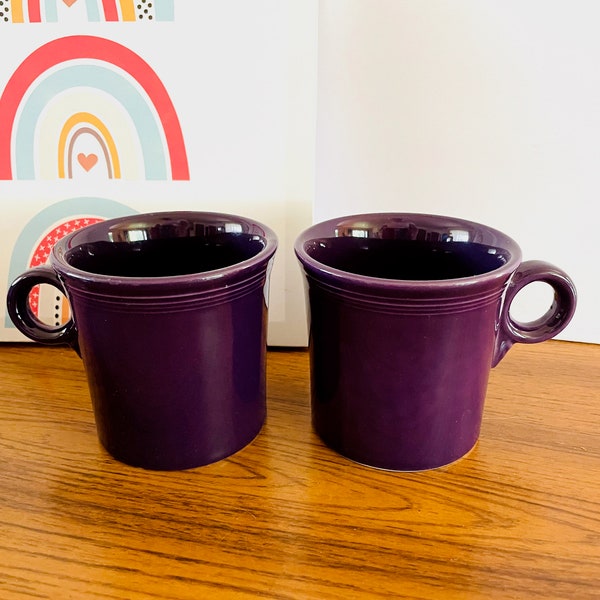 Pair Plum Fiesta Mugs, 2 Purple Homer Laughlin Fiesta Coffee Cups, Two Plum Ring Handle Fiesta Coffee Mugs