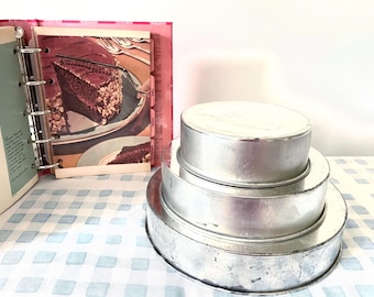 Vintage Bake King Cake Pans, Steel Tiered Set 6" 8" 10", 2" Deep - 1930s Patina, Original Box | Collector Baker