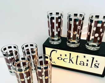 Vintage 60s Geometric Highball Glasses: MCM Barware Set of 7