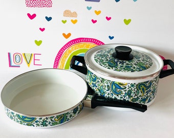 1970s Fancipans Enamel Dutch Oven and Frying Pan, Blue & Green Paisley Enamel Cookware, 3 Piece Pan Set With Skillet/Saute' Pan and Stockpot