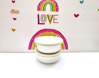Corning Stoneware, French White Individual Casseroles | Vintage Kitchenware, With Lids | 16 Oz, 5.5in Diameter