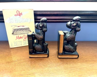 Vintage 1950s Ceramic Poodle Bookends, Black and Gold Dog Pen Holder Set