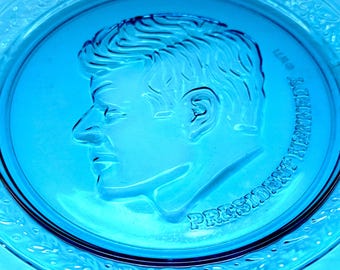 John F Kennedy Plate: Embossed Blue Glass - Vintage Collectible