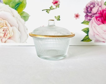 Clear Ribbed Cotton Ball Holder With Gold Trim, Ribbed Glass Candy Dish, Elegant Ribbed Sugar Bowl