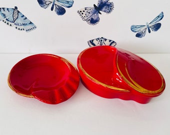 Vintage Art Deco Ashtray and Candy Dish, Red and Gold Ever-Art Vanity Set, 1940s Hollywood Golden Age Covered Trinket Dish and Ashtray