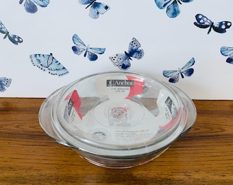 Anchor Hocking 2 Quart Round Covered Casserole, Vintage Family Dollar New Old Stock Anchor Hocking Factory Sealed Clear Casserole