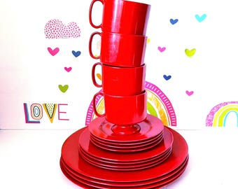 Vintage 16 Piece Oneida Melamine Dinnerware Set, Picnic Dining Set, Red Oneidaware Service For 4, Vintage Melmac Dinnerware, Oneida Melmac