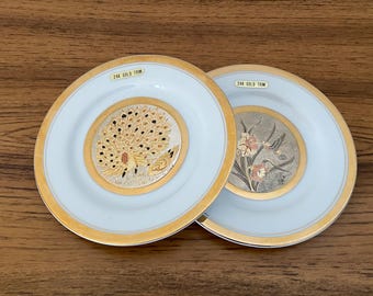 2 Dynasty Gallery Chokin Art Peacock and Hummingbird Plates, 24k Multi Layered Carved Art 6.5" Plates, Art of Chokin Porcelain Gold Plates
