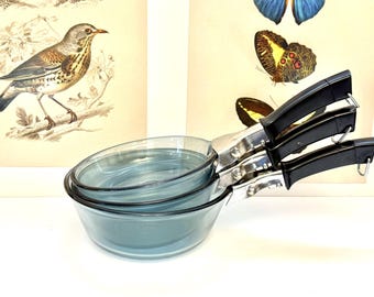 6 Piece PYREX Flameware Cookware Set With Corning Ware Handles, 7" Skillet, 7 & 8" Saucepans