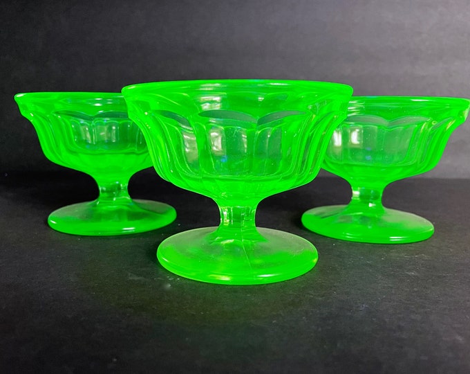 Featured listing image: 3 Colonial Panel Green Sherbet Glasses, Panel Block Optic Uranium/Vaseline Glass Champagne Glasses