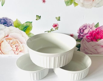 Three Corning French White  Casseroles, 3 Corning Ware White Ribbed Casseroles, 3 Corningware French White Casserole Dishes