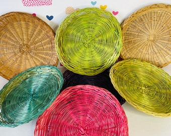 7 Colorful Vintage Wicker Paper Plate Holders, Rainbow Wicker Paper Plate Basket Holders, Picnic Paper Plate Holders