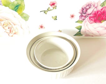 Three Corning French White  Casseroles, 3 Corning Ware White Ribbed Casseroles, 3 Corningware French White Casserole Dishes