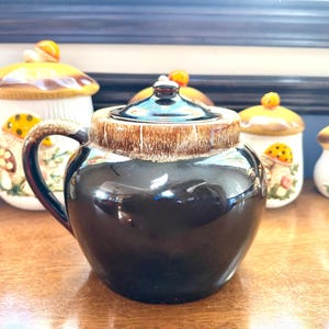 May include: A dark brown ceramic teapot with a rounded body and a matching lid. The lid features a textured, light brown rim and a small, orange mushroom-shaped knob. The teapot has a curved handle on the left side and a glossy finish.