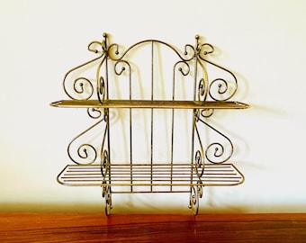 Brass Scroll Hanging Wall Shelf, 70s Hollywood Regency Wall Shelving, 2 Tier Ornate Brass Colored Display Shelf, Gold Tone Wire Plant Shelf