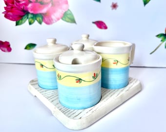 8 Piece Cottage Kitchen Condiment Server, Hand Painted Ceramic Condiment Set With Wooden Tray, Renaissance Country By National Housewares
