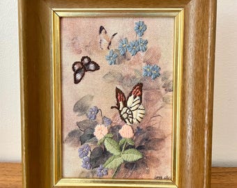 Lena Liu Framed Butterflies and Clover Completed Crewel, 1980s Flowers and Butterflies Crewel Framed Wall Art, Lena Liu Butterflies & Clover