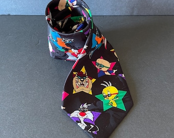 Looney Tunes Mania Necktie, Warner Brothers Tie, Looney Tunes Stars Necktie, Porky Pig, Sylvester, Tweety Bird, Bugs Bunny, Tasmanian Devil