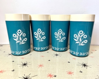 4 Thermo-Serv Blue Cornflower Cups,  Plastic Double Walled Floral Tumblers