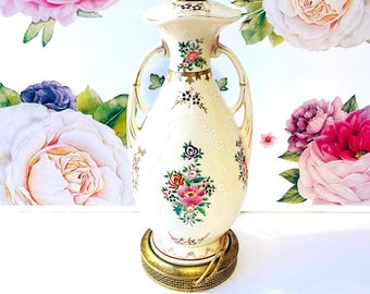 Antique Beckwith Porcelain Lamp Floral with Coat of Arms, Antique Floral Table Lamp, Coat of Arms Parlor Lamp