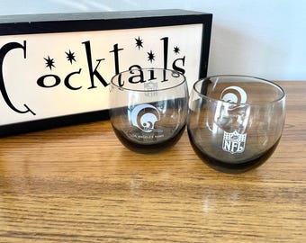 2 1970s Vintage Los Angeles Rams Roly Poly Glasses, NFL Whisky Glasses, LA Rams Whiskey Glasses, NFL Smoky Gray Cocktail Glasses