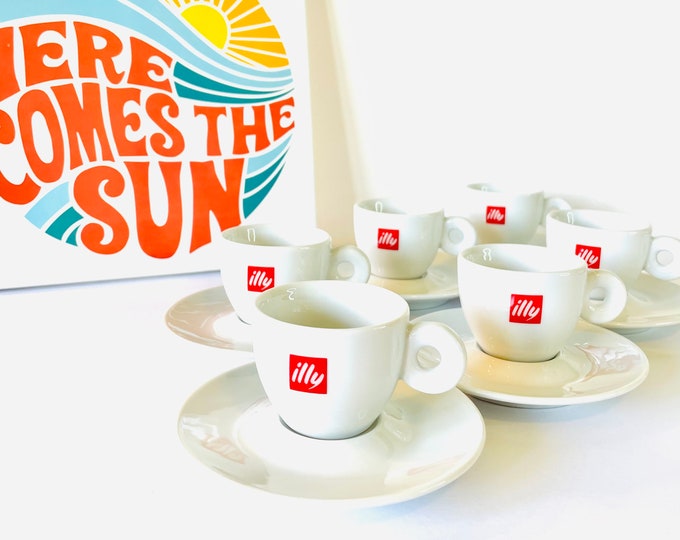 Featured listing image: 6 Illy Red Logo Espresso Cups and Saucers, Illy Coffee Mugs, 6 Illy Espresso Cups & Saucers, Illy IPA Made in Italy Cups and Saucers