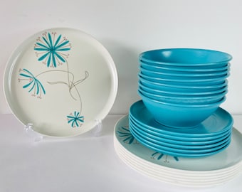 20 Pieces Spalding Ware Melamine Dinnerware, MCM Atomic Picnic Dining Set, Turquoise Melmac Plates and Bowls, Aqua Melamine Dinnerware