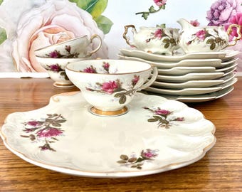 Royal Sealy Moss Rose Tea Set, Scallop Shell Snack Plates (16