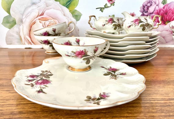 Burgess & Leigh セミポーセリン スープ皿セット Royal Sealy Moss Rose Tea Set, Scallop Shell Snack Plates (16