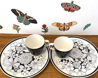 2 Mid Century Mikasa  Bouquet Snack Sets, 2 Mid Mod Black And White Cera-Stone Bouquet Luncheon Sets, Pair Cera Stone Jonas Roberts Tea Sets