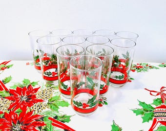 12 Vintage Libbey Christmas Holly and Berry Tumblers
