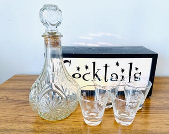 Anchor Hocking Whiskey Glasses & Decanter - Vintage Medallion and Cubist Design