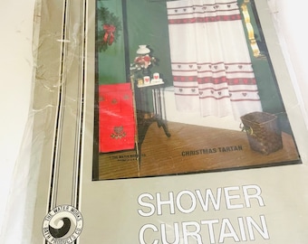Christmas Shower Curtain, Waterworks Christmas Tartan Shower Curtain, Christmas Hearts Shower Curtain, Green and Red Holiday Shower Curtain