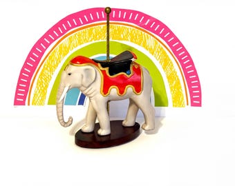 1980s Franklin Mint, Treasury Carousel Elephant Figurine | Ceramic, Brass & Wood Base | 6.25 Inch Tall