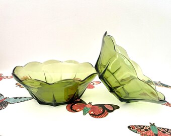 Pair Anchor Hocking Swedish Modern Avocado Green Large Dessert Bowls, 2 Scalloped Green Serving Bowls. 1960s Avocado Green Glass Bowls