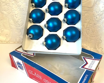 12 Coby Blue Satin Finish Glass Christmas Ornaments, Mid Century Christmas Balls, Vintage Made in USA Christmas Ornaments