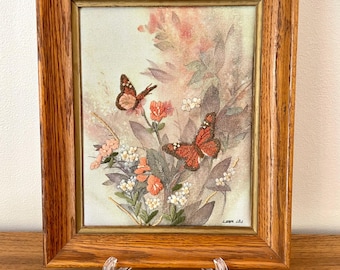 Lena Liu Framed Butterfly Crewel Painting, 1980s Flowers and Butterflies Crewel Framed Wall Art, Lena Liu Butterflies and Wildflowers