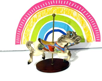 1980s Franklin Mint, Treasury Carousel Jumper Horse Figurine | Ceramic With Brass Poll, Wooden Base | 3.5" Tall x 5.5