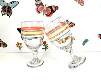 Striped Wine Glasses, Vintage Libbey Goblets, Pastel Banded Glass, 7" Tall, 16 Oz, Set Of 2, Peach Periwinkle