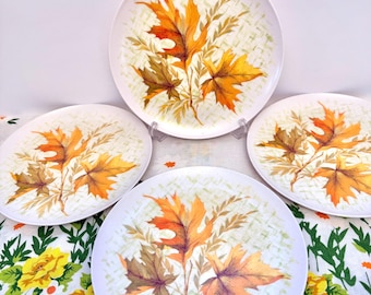 4 Mid Century Autumn Leaves Melamine Dinner Plates-Allied Chemical 9.5"